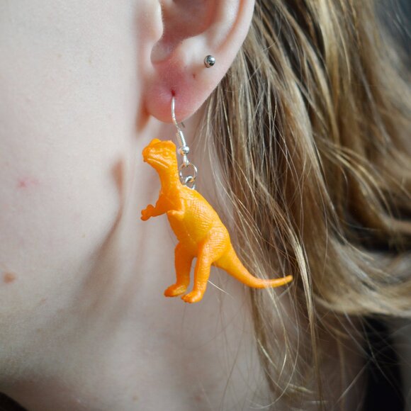 Orange Velociraptor Dinosaur Statement Earrings - Picture 2 of 4